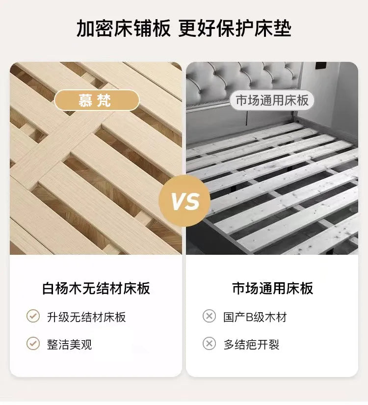 Comparison of high-quality light wood bed slats versus standard slats on an Italian-style button-tufted bed frame.