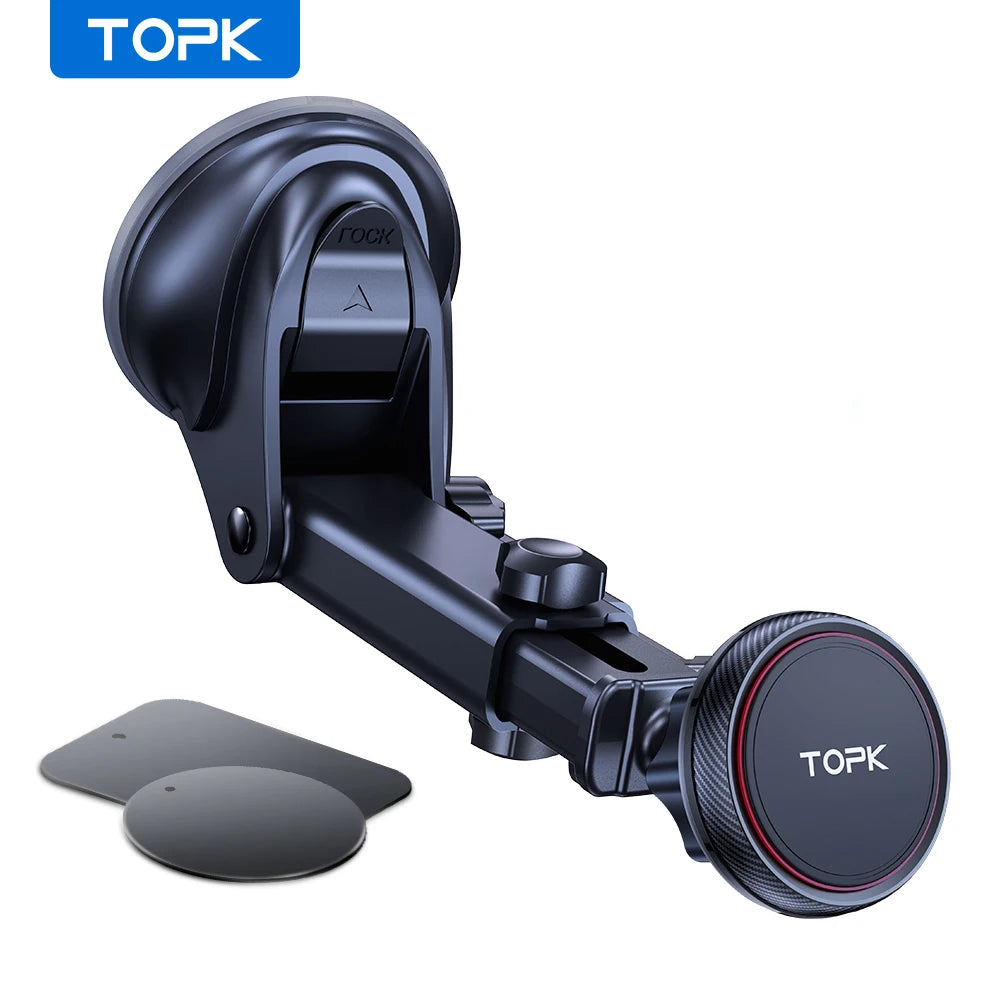 Black magnetic car phone mount with adjustable arm and suction cup base, including two metal mounting plates.