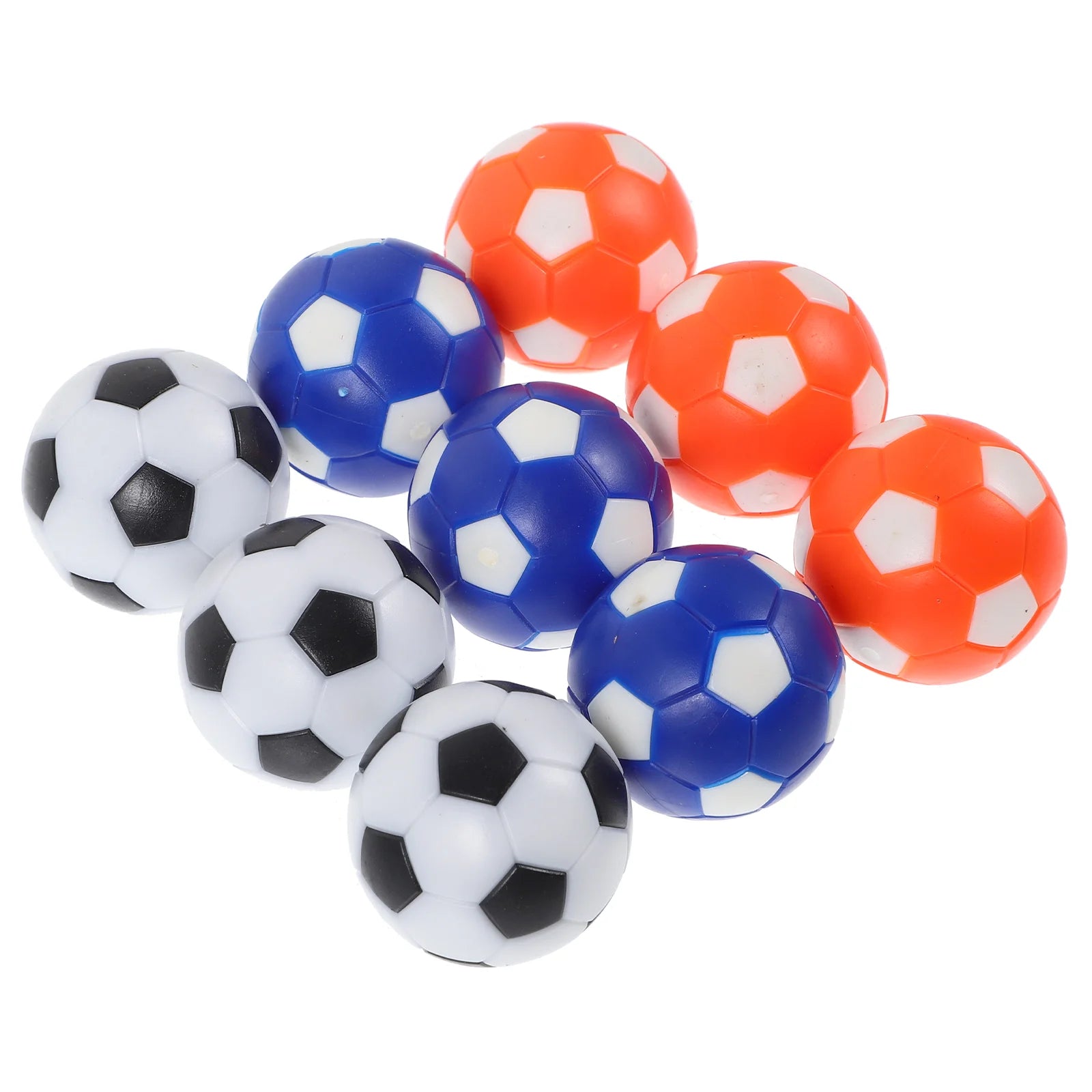 Set of eight small foam footballs in black, blue, and orange, featuring classic hexagonal pentagon panel patterns.