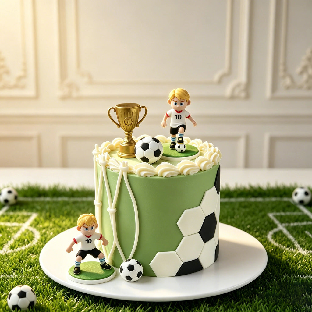Football-themed cake with green frosting, football patterns, a gold trophy, and two miniature footballer figurines.