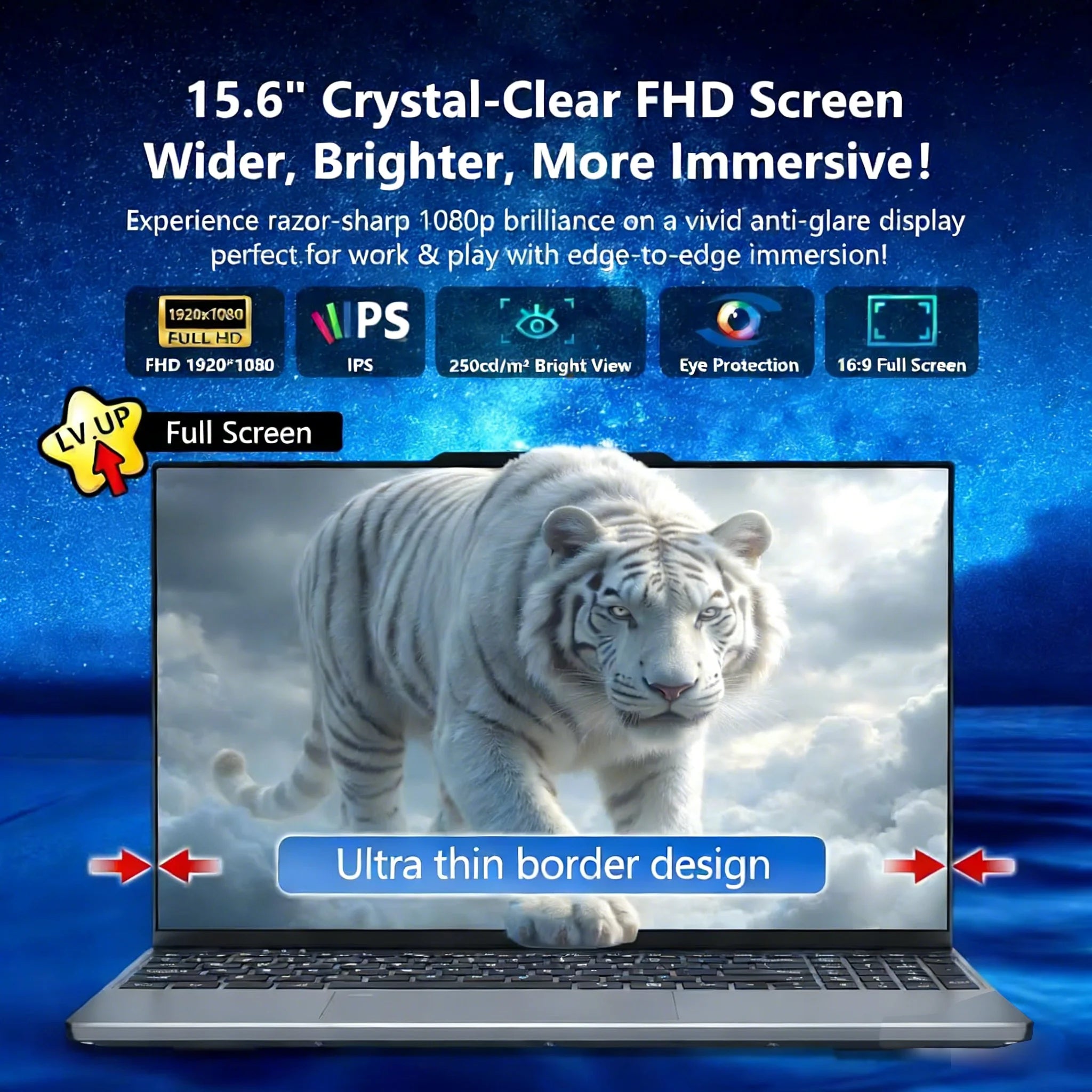 Silver 15.6-inch laptop featuring a thin-bezel, high-definition display with a white tiger image.