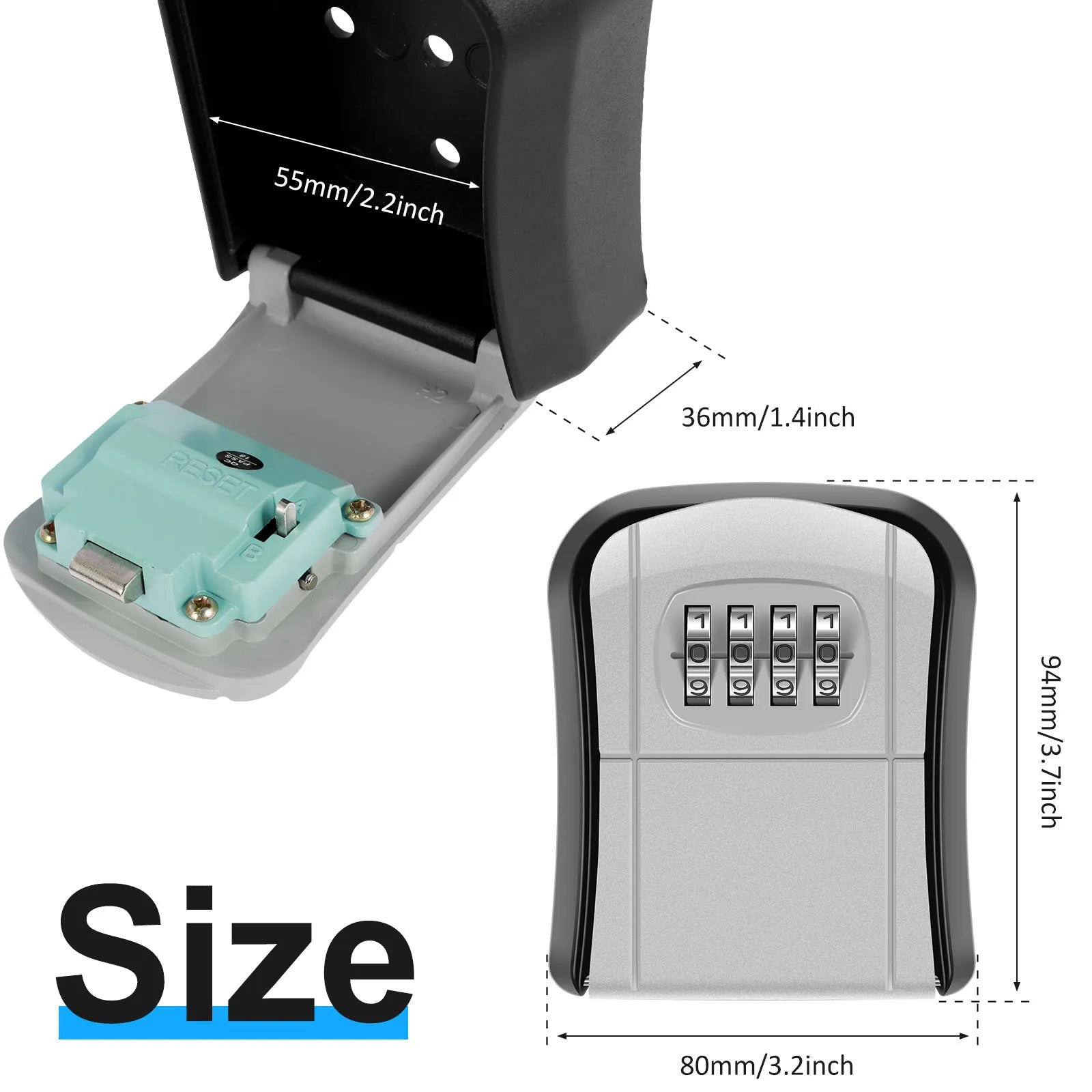 Black and silver metal key lock box with a four-digit combination dial and reset switch, showing dimensions.
