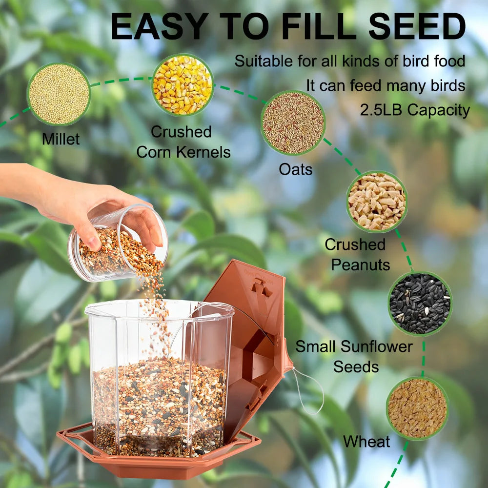 Clear plastic bird feeder with a brown base and top, being filled by hand. Displays six types of bird seed.