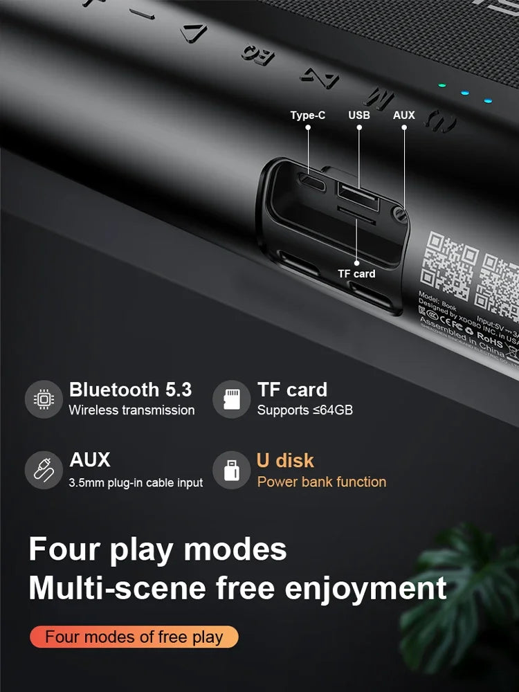 Black 80W wireless speaker showing ports for Type-C, USB, TF card and AUX, with Bluetooth 5.3 and power bank features.