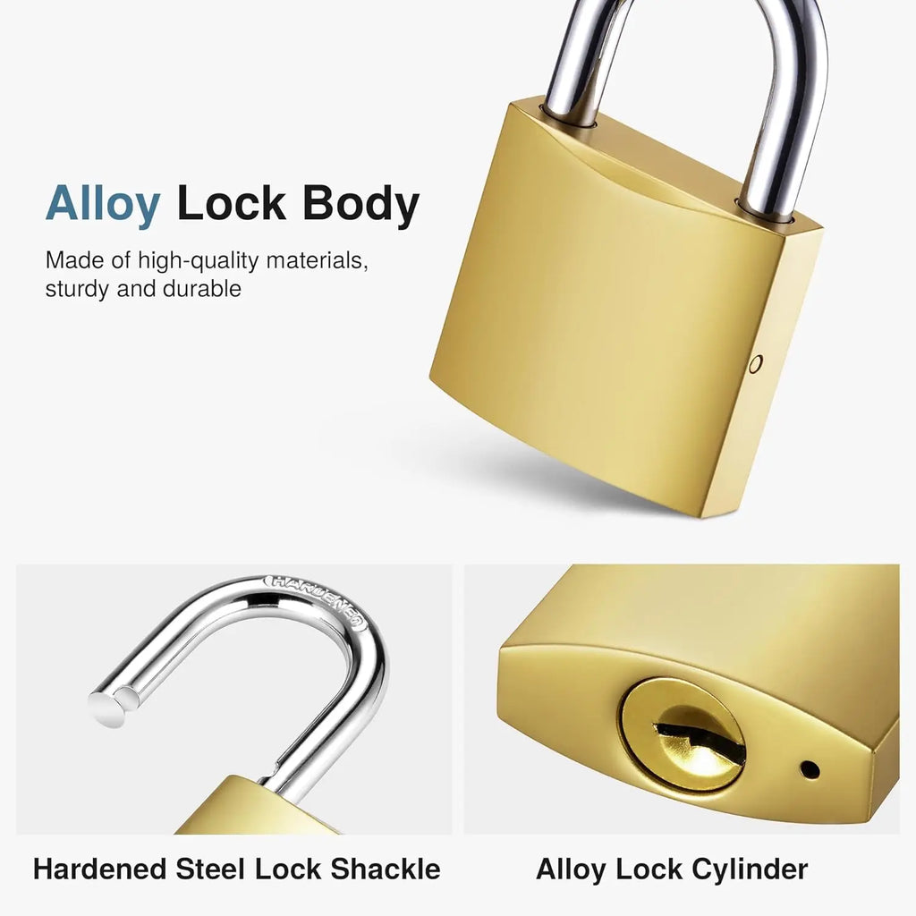 Gold-colored alloy padlock with a silver hardened steel shackle and alloy key cylinder.