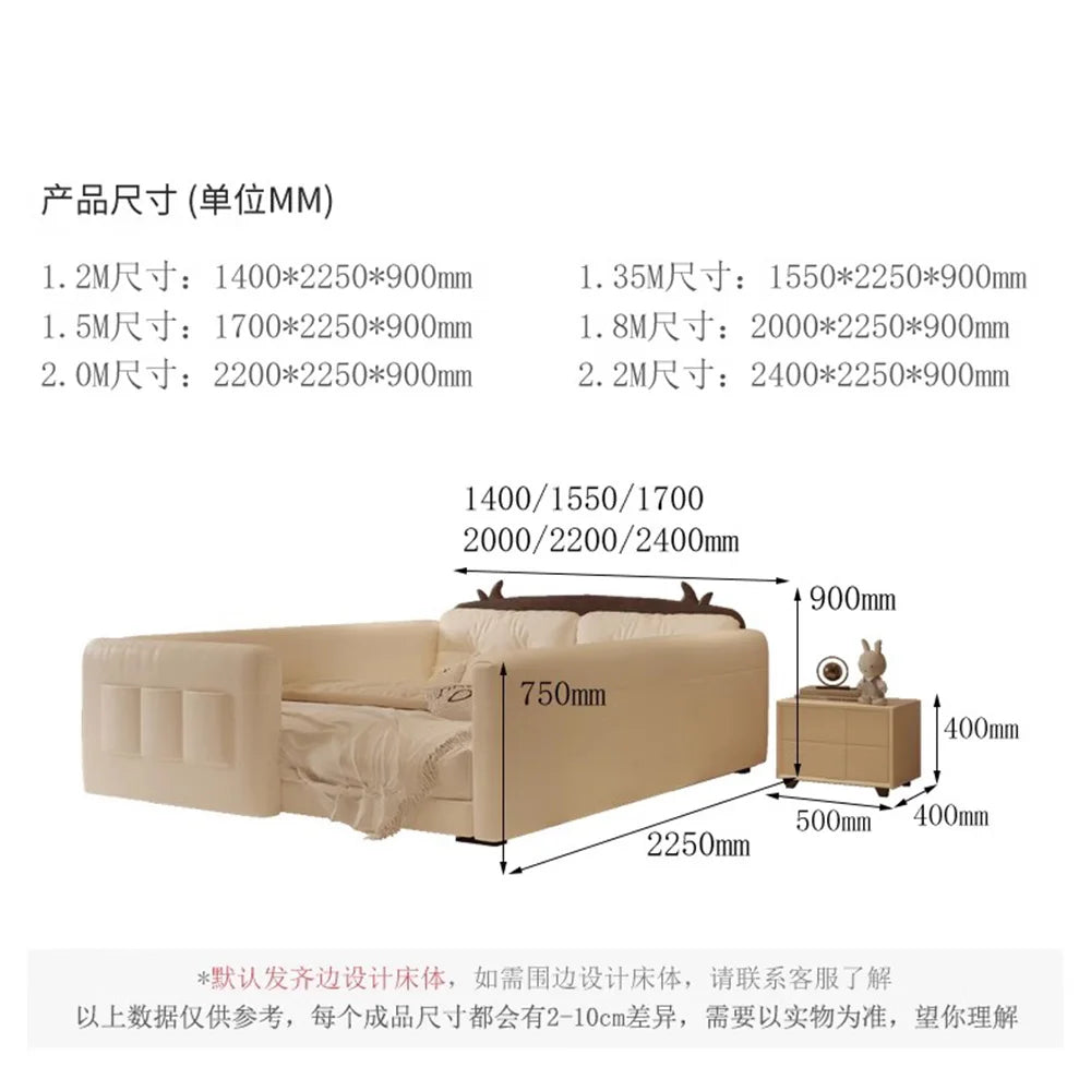 Cream-coloured parent-child bed with protective guardrails, playful cow-ear headboard, and matching storage unit.