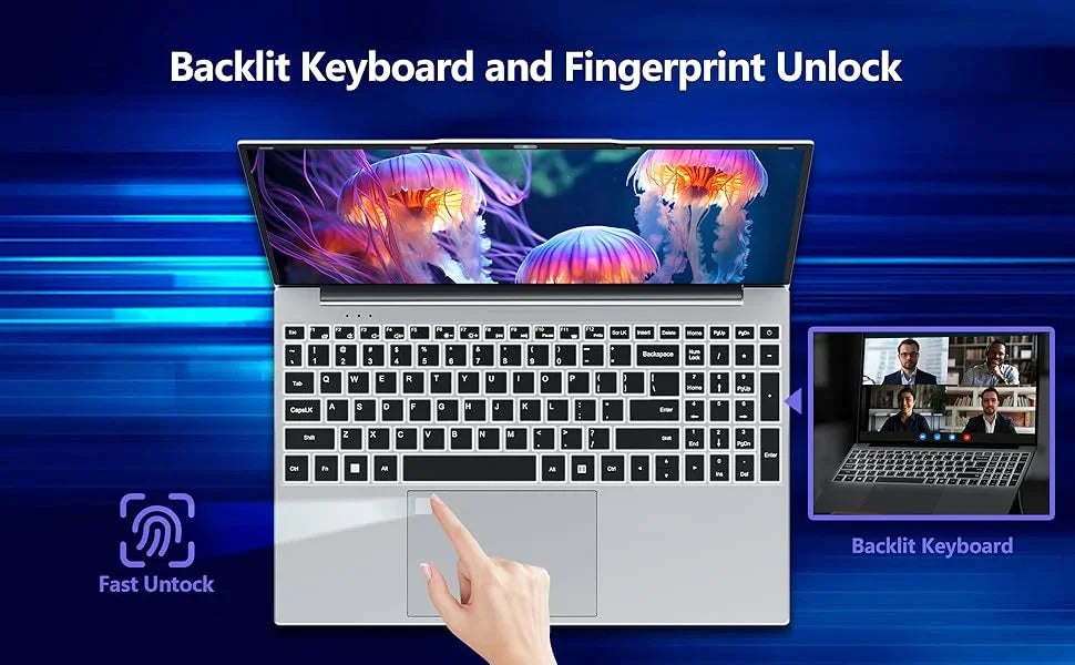 Silver 15-inch laptop with a backlit keyboard, fingerprint unlock sensor, and a high-resolution display.