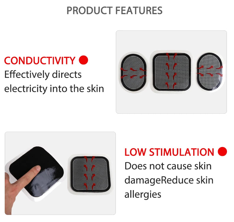 Three black and white conductive gel pads for an abdominal muscle stimulator, showing grid patterns and adhesive texture.