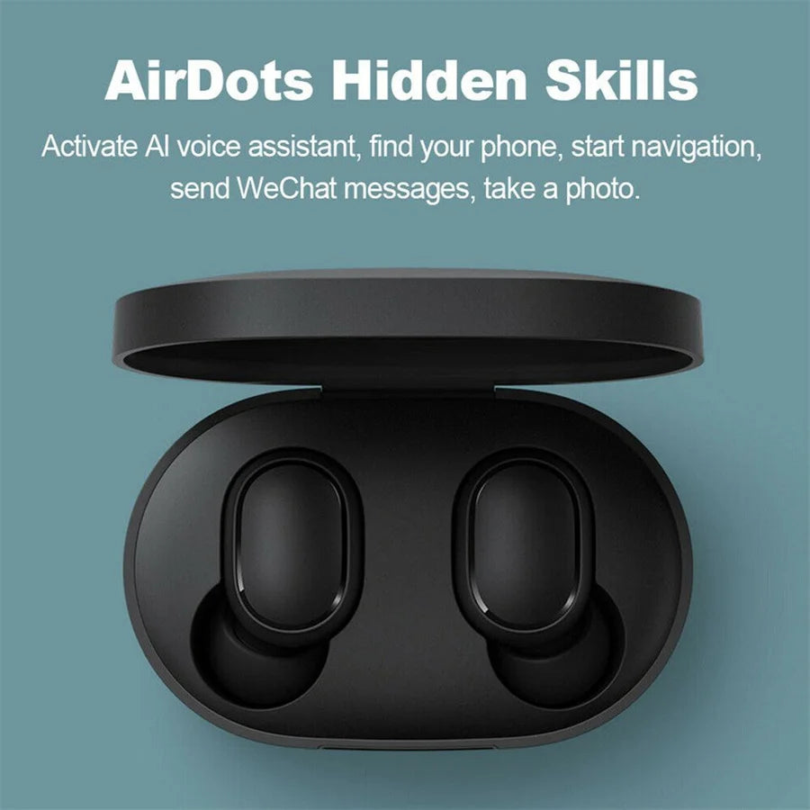 Small black wireless earbuds stored in a matching oval charging case against a teal background.