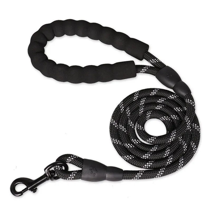 Black reflective heavy-duty dog leash with a thick, comfortable padded handle and a secure metal clip.