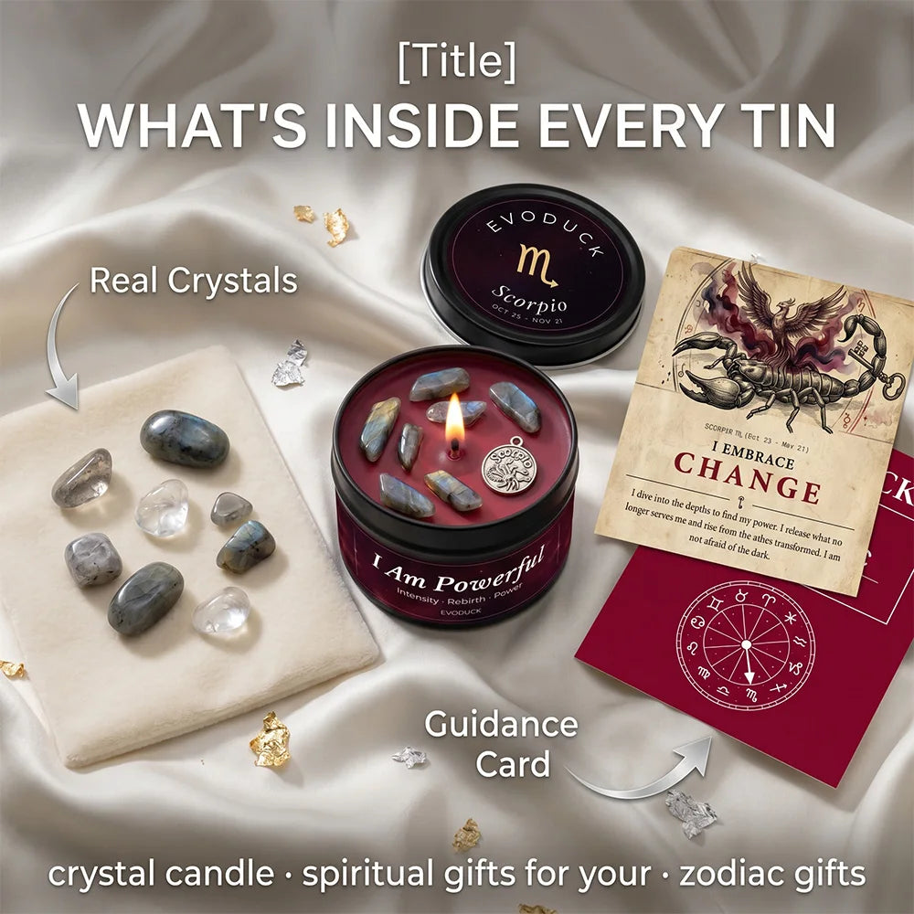 Scorpio zodiac crystal candle in a black tin, with tumbled gemstones, silver charm, and illustrated guidance card.