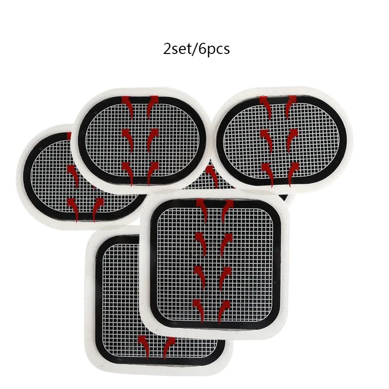 A set of six black and white gel replacement pads for abdominal muscle stimulators with red directional arrows.