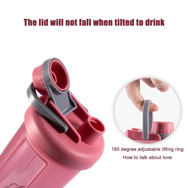 Pink plastic water bottle with a grey, 180-degree adjustable lifting ring and a non-falling flip lid.