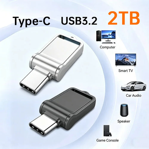 Silver and black USB 3.2 Type-C flash drives with 2TB storage, shown with compatible devices.