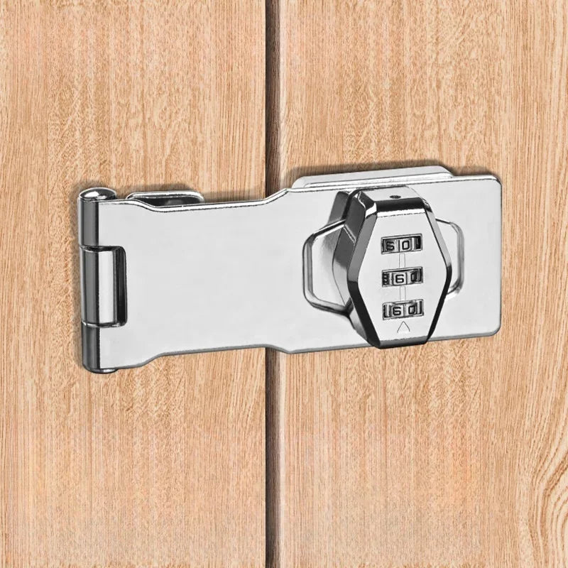 Silver-coloured metal hasp lock with a three-digit combination dial mounted on a light wood-grain surface.