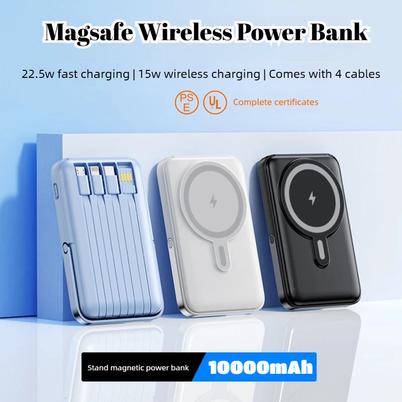 Blue, white, and black magnetic wireless power banks featuring integrated charging cables and a built-in stand.