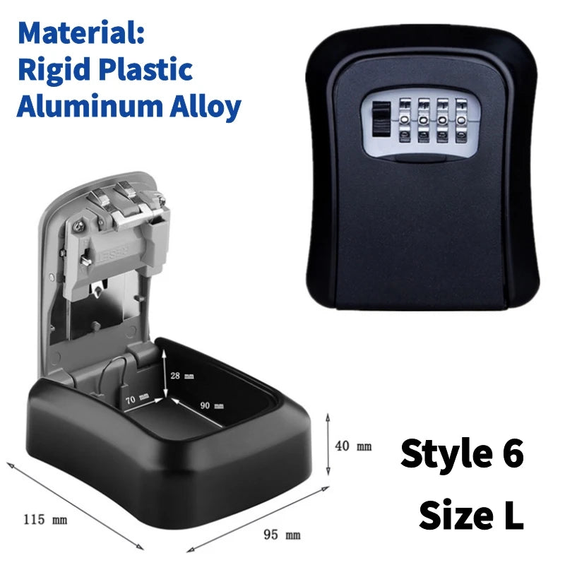 Black metal key storage box with a 4-digit combination lock, shown open and closed with dimension labels.