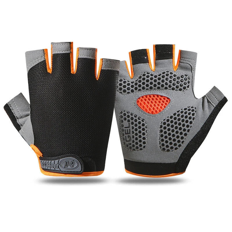 Pair of fingerless cycling gloves in black, grey, and orange, featuring padded gel palms and breathable fabric.