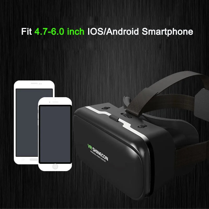 Black VR headset for 4.7–6.0 inch smartphones with adjustable head straps on a dark brushed metal background.