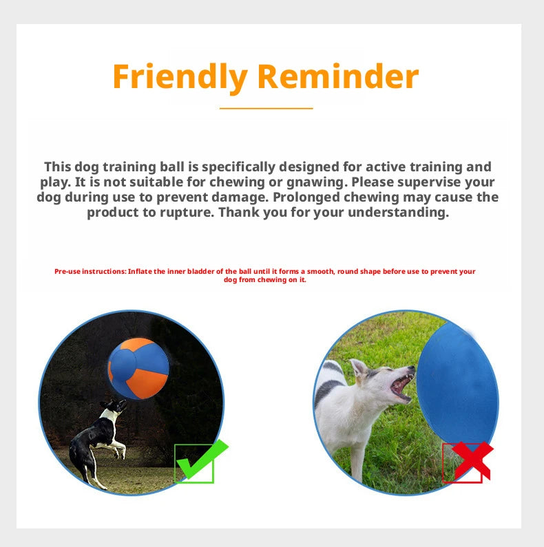 Blue and orange fabric dog training ball being used for play, with instructions to avoid chewing.