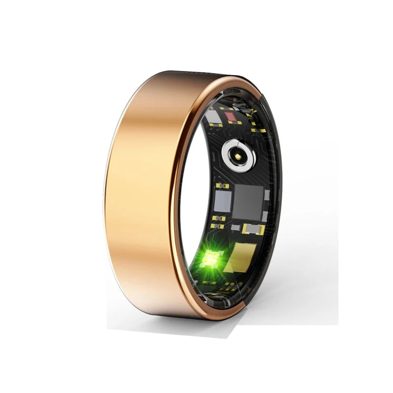 Sleek rose gold smart fitness ring with visible internal circuitry, sensors, and a glowing green light on a white base.