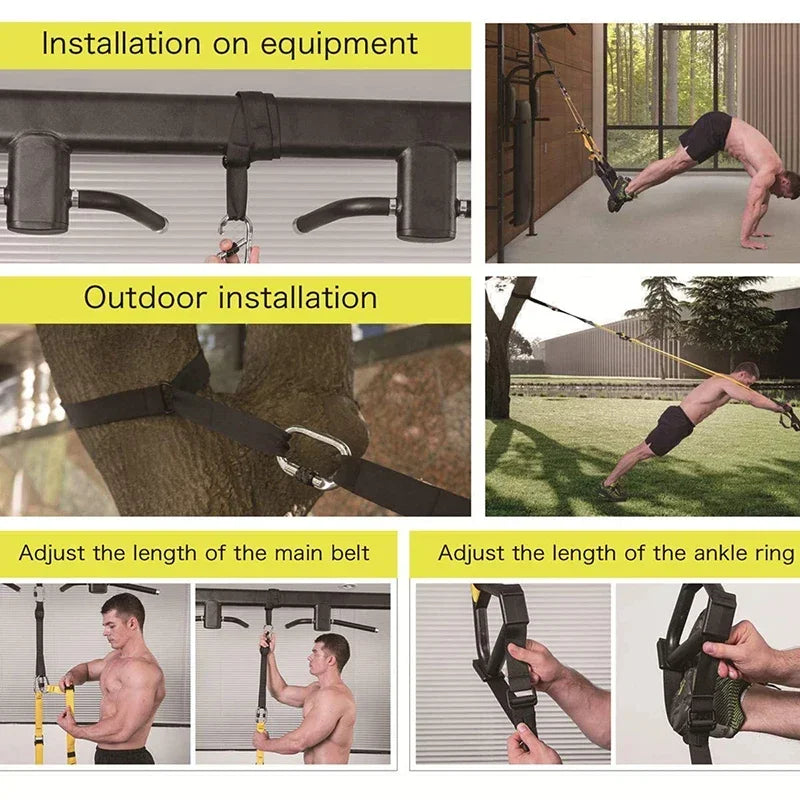 Black and yellow adjustable training suspension straps with metal carabiners shown in indoor and outdoor uses.