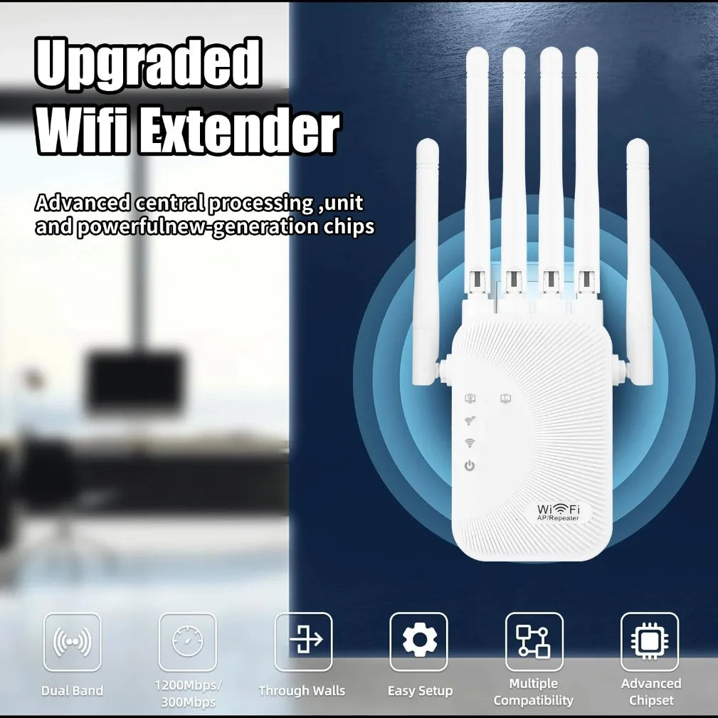 White dual-band WiFi range extender with four external antennas and indicator lights on a dark blue background.