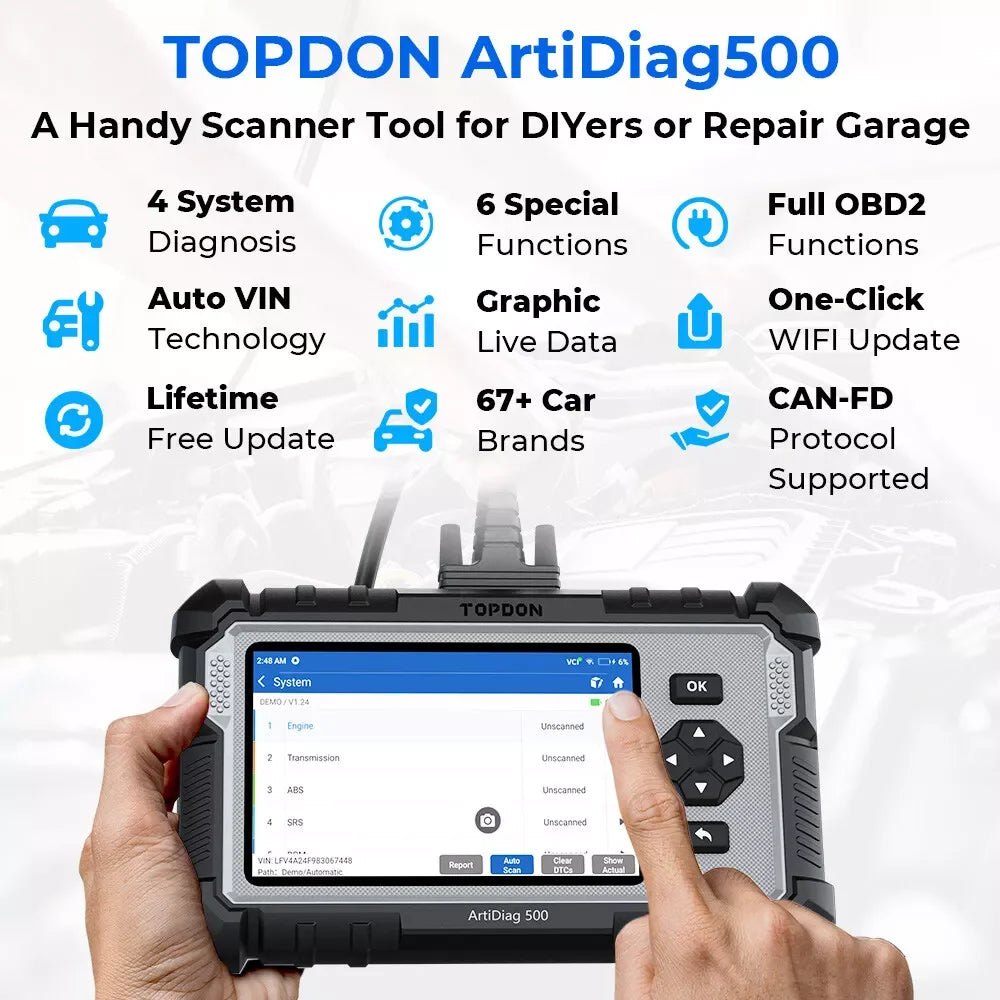 Topdon ArtiDiag500 grey OBD2 scanner with black rubberized edges, touchscreen, and physical navigation buttons.