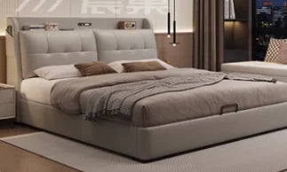 Modern cream upholstered storage bed with a tufted headboard featuring built-in shelving.