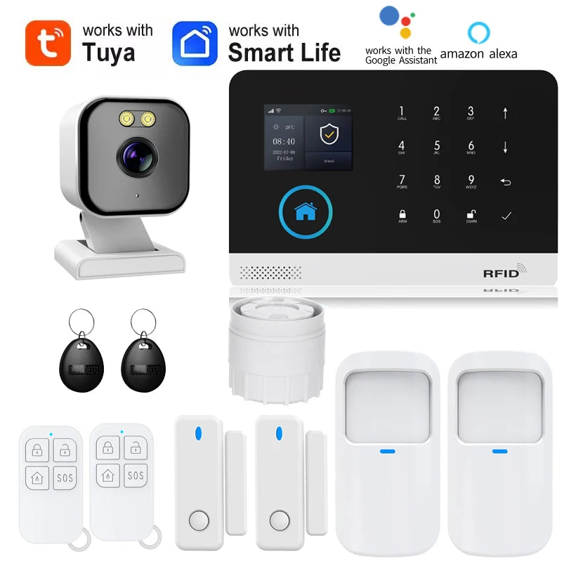 White smart home security system with camera, touch panel, RFID tags, motion sensors, and remote controls.
