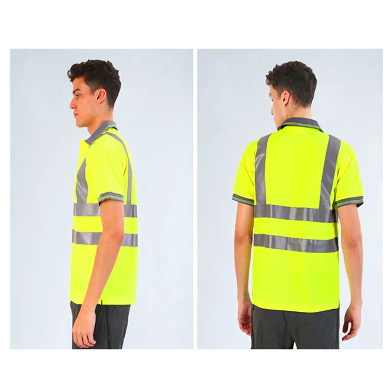Men's high-vis yellow polo shirt with reflective silver stripes on the torso and arms, shown from side and back views.