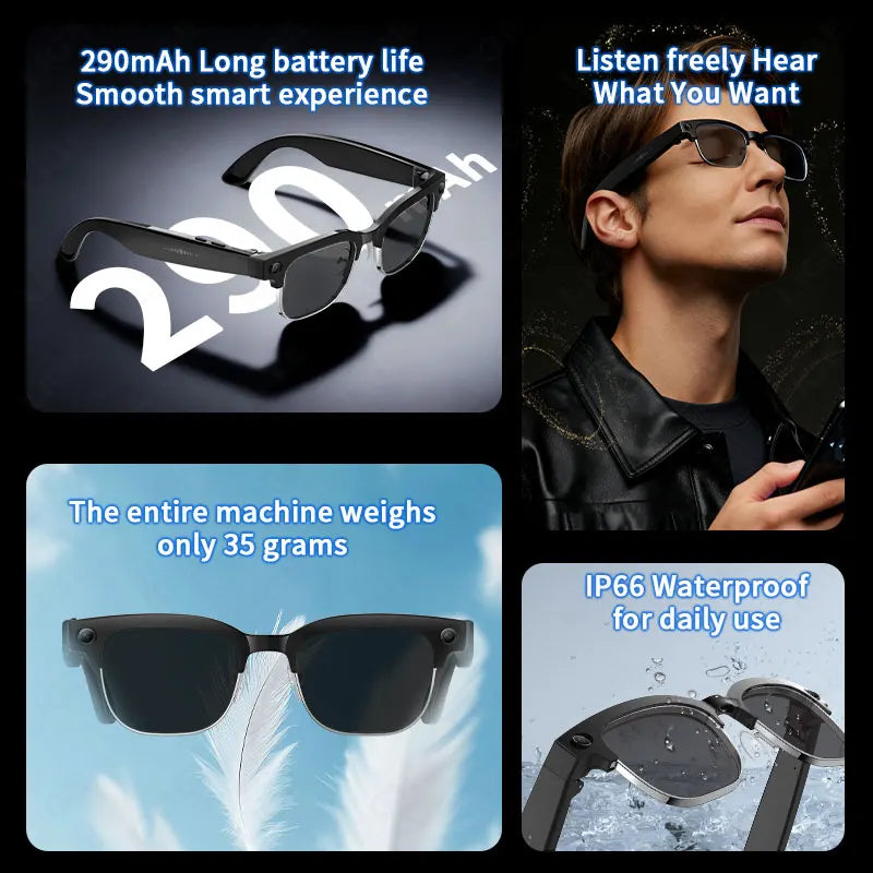 Lightweight, black smart glasses with integrated AI camera for video recording, translation, and audio.
