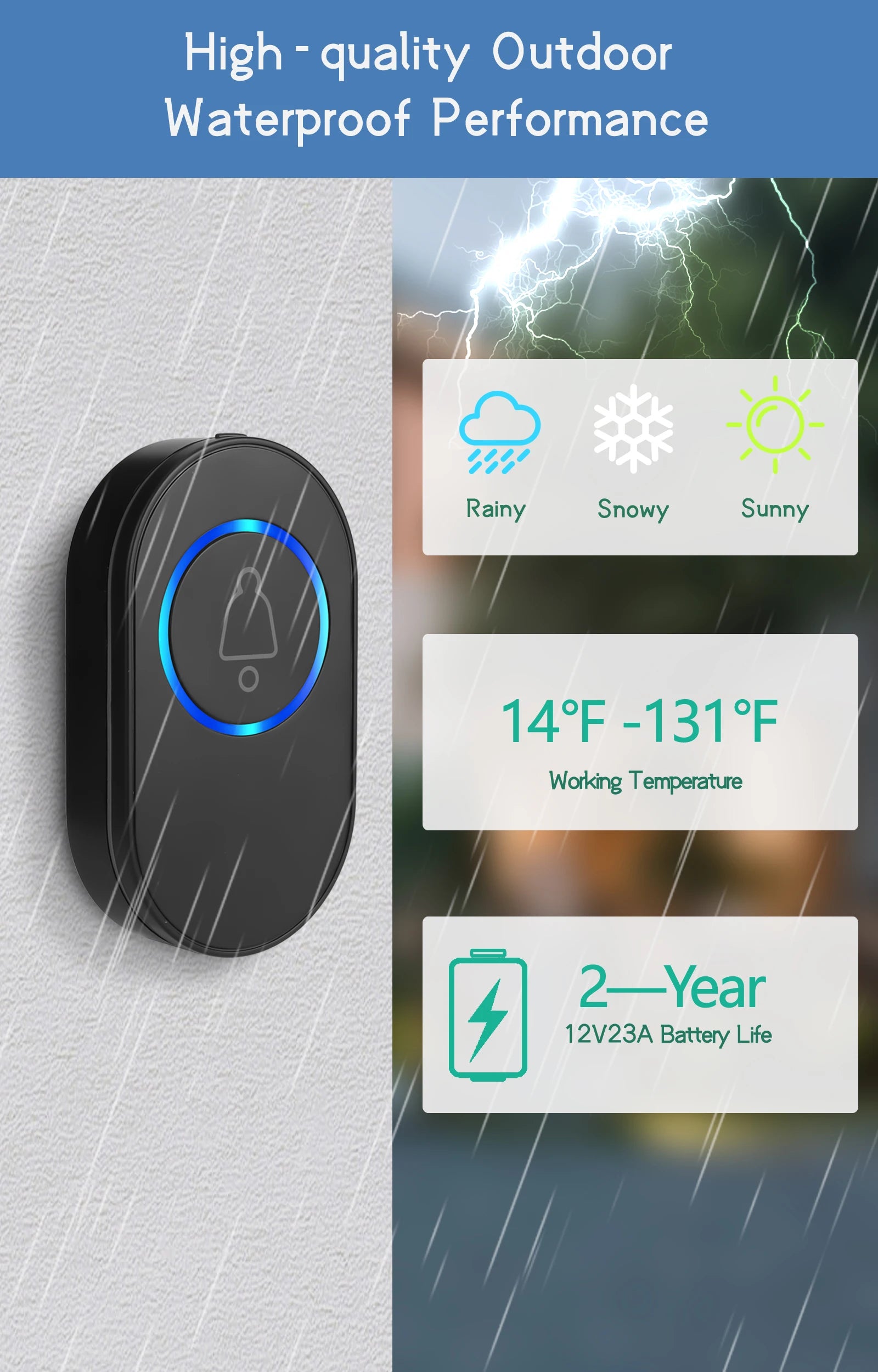 Black wireless outdoor doorbell with a glowing blue button, shown in rain, highlighting its waterproof design.