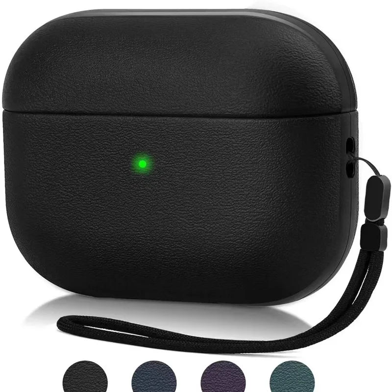 Black textured leather-style protective case for AirPods Pro with an attached black wrist lanyard.