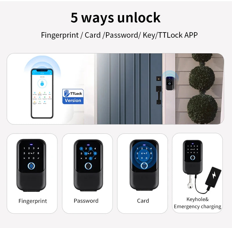 Black smart door lock with keypad, fingerprint scanner, and card reader for app-controlled home entry.