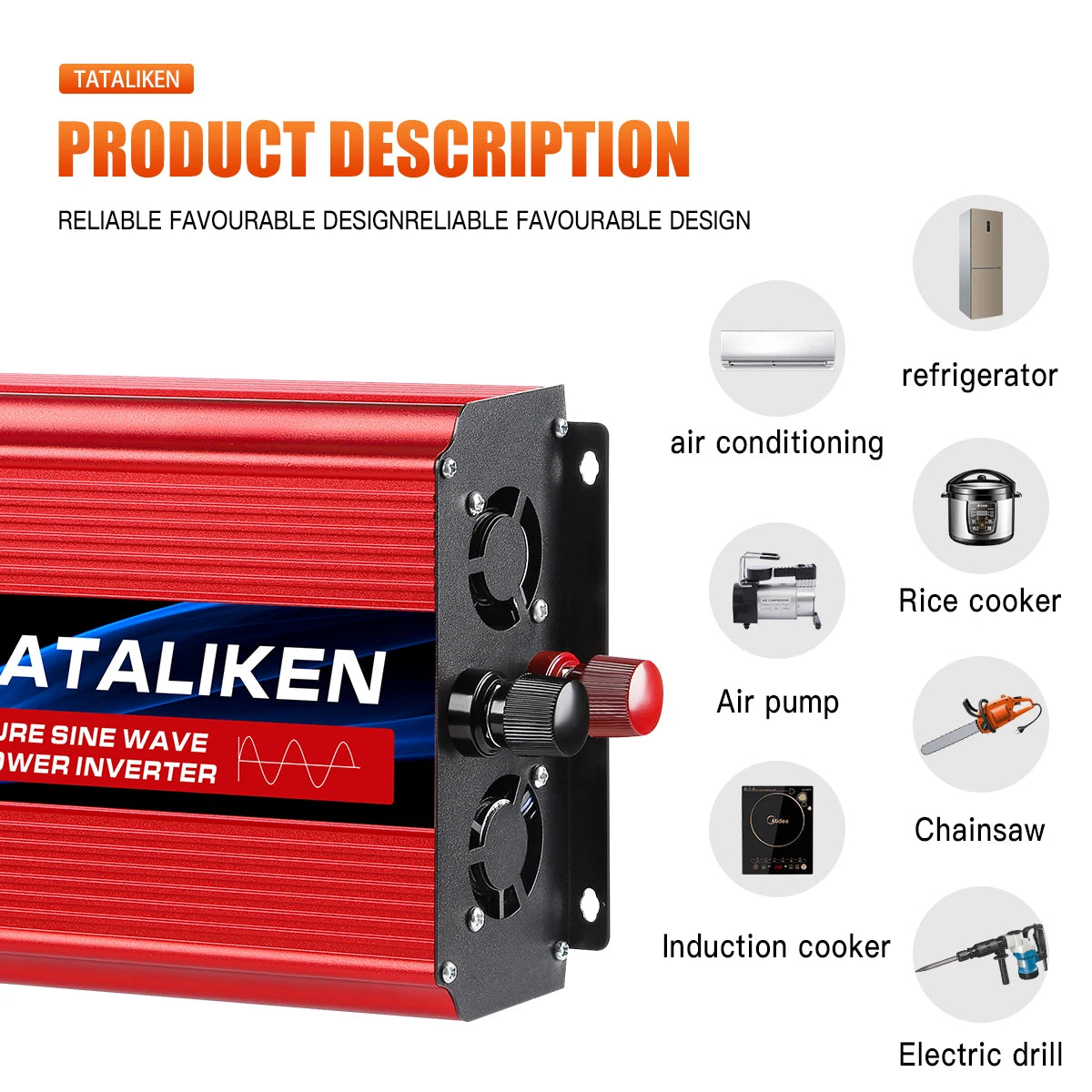 Red and black pure sine wave power inverter with cooling fans and red and black terminal knobs.