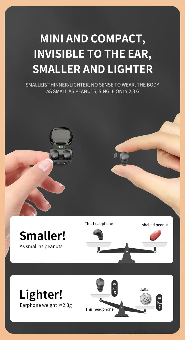Miniature black wireless earbuds with a digital display charging case, shown being held for scale.