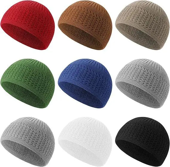 A selection of nine colourful, ribbed-knit women's winter hats with a smooth, satin-lined interior design.