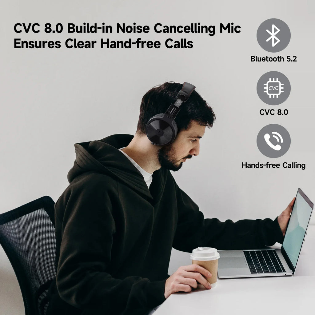 Man wearing dark brown, over-ear wireless headphones while working on a laptop. Features include noise-cancelling mics.