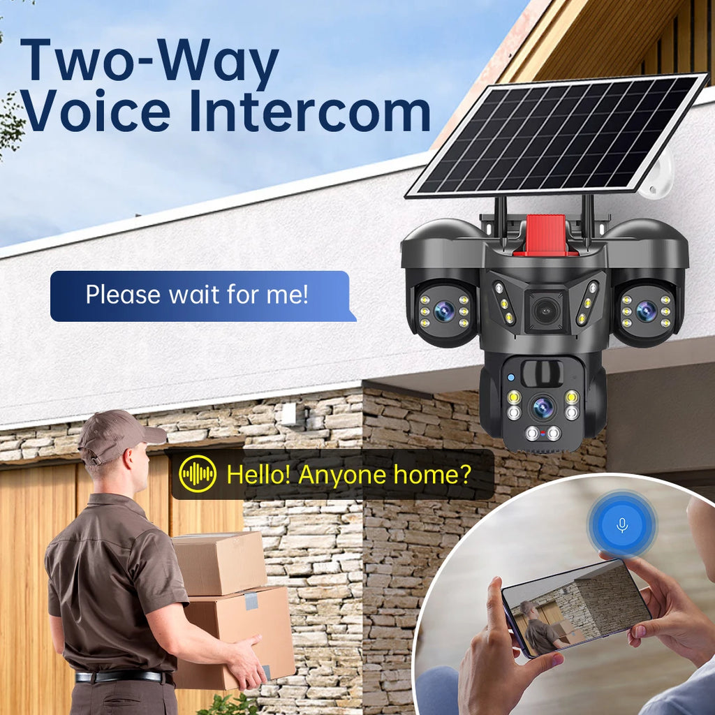 Solar-powered security camera with dual lenses and a solar panel, mounted on a wall, showing a two-way intercom feature.