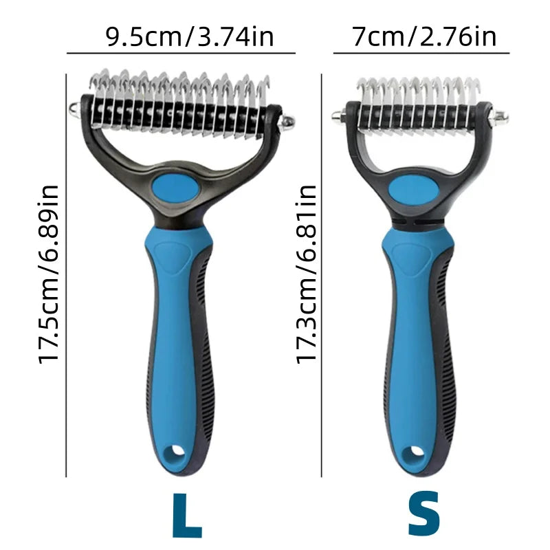 Two pet de-shedding rakes with blue and black handles, showing small and large size options with dimensions.