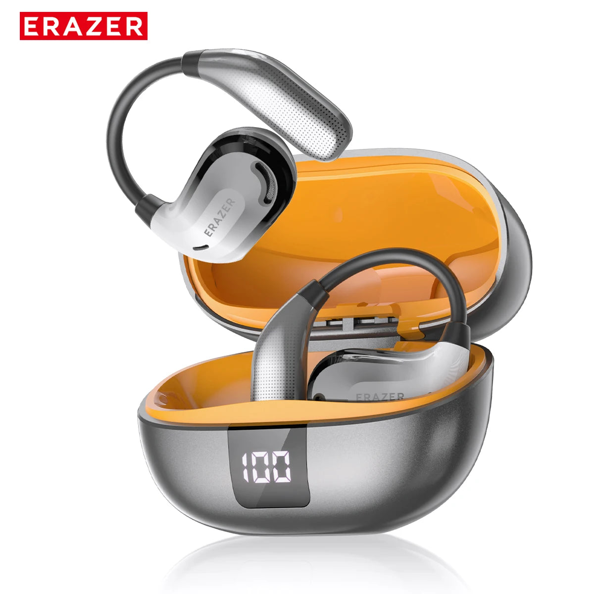 Silver and black open-ear wireless earbuds with ear hooks, stored in a grey charging case with a bright orange interior.