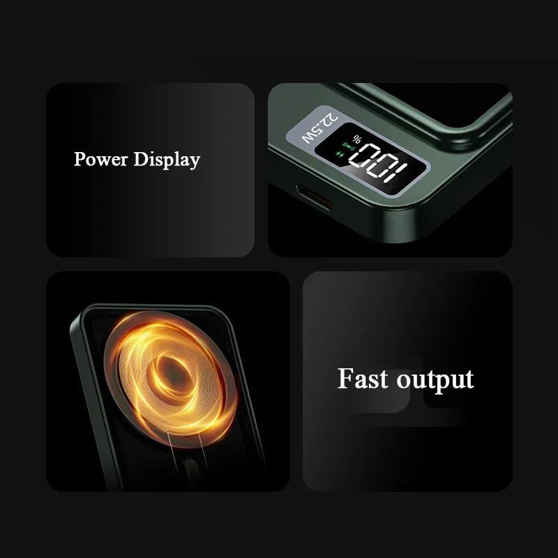 Green magnetic wireless power bank showing a digital battery percentage display and glowing fast-charging output zone.