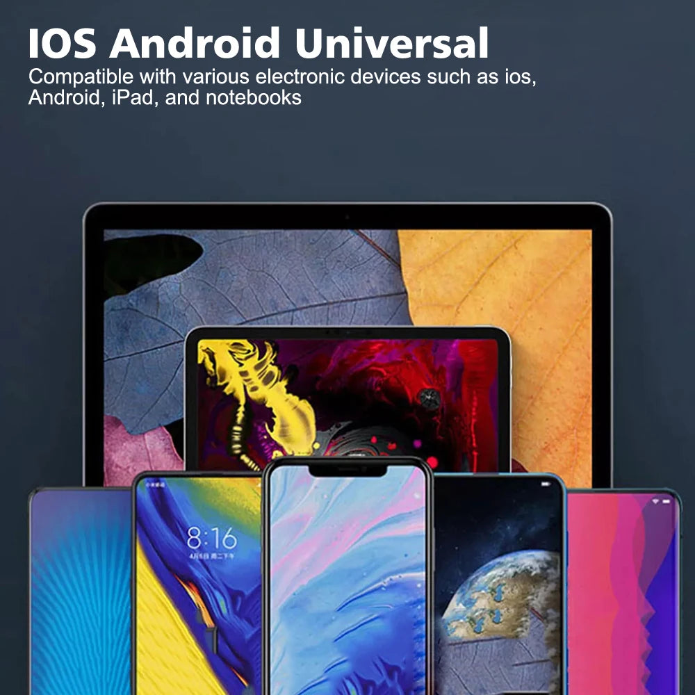 A collection of various smartphones, tablets, and laptops displaying colourful screens to represent universal compatibility.