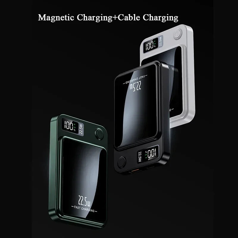 Green, black, and white magnetic power banks with 22.5W fast charging, cable ports, and digital battery displays.