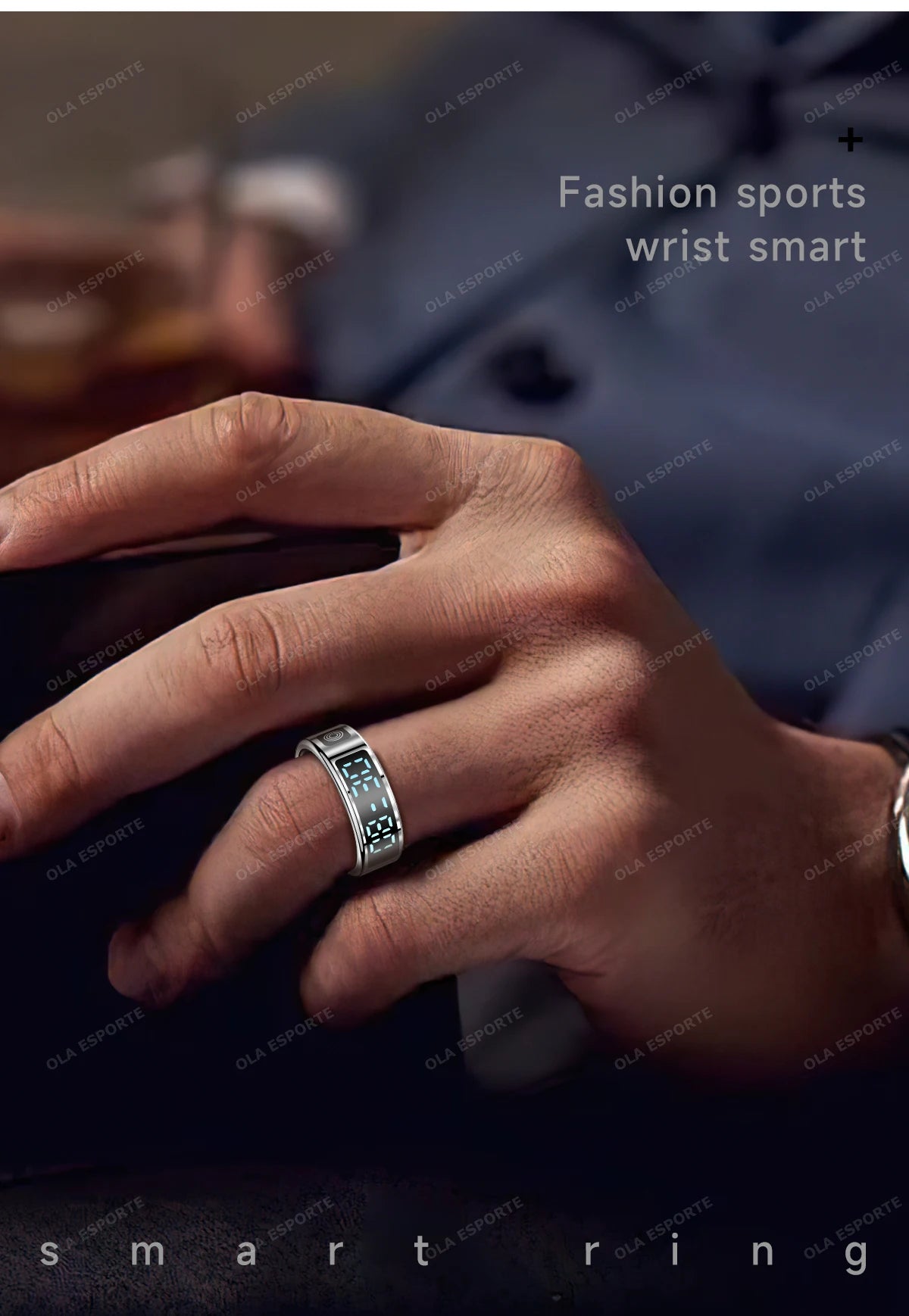 Sleek, silver smart health tracking ring worn on a finger, featuring a glowing blue digital display.