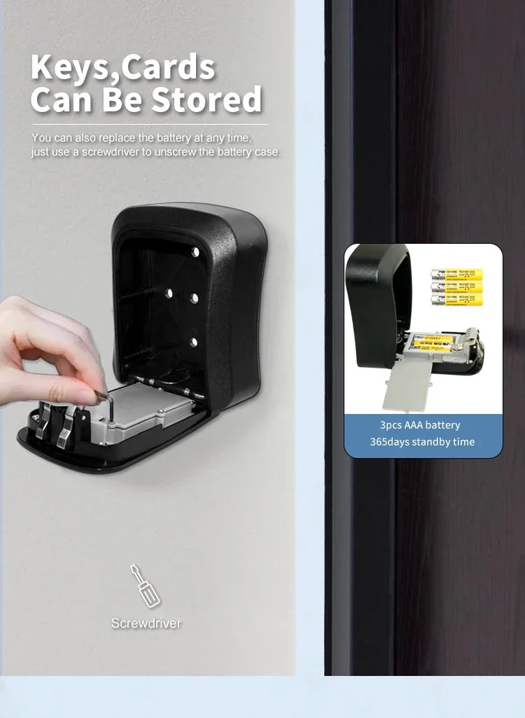 Black wall-mounted metal key lock box with battery-powered compartment for storing keys and cards.