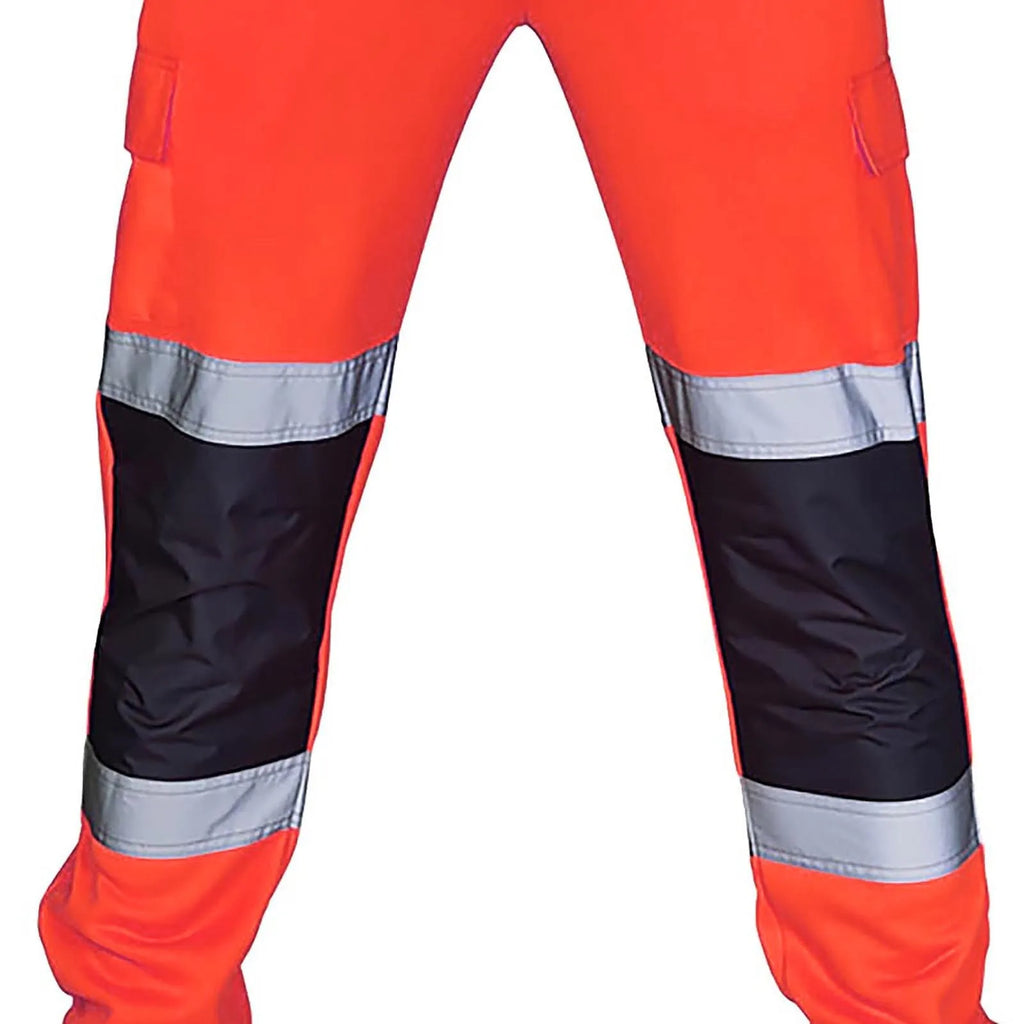 Orange high-visibility work trousers with black knee patches and reflective silver safety stripes.