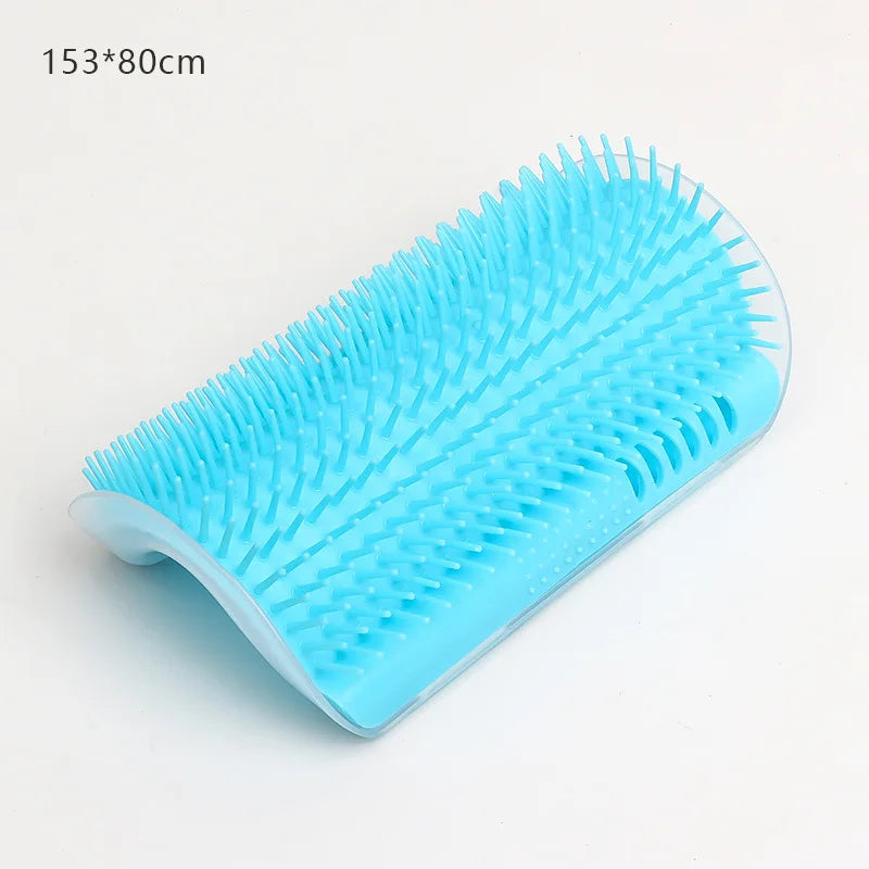 Bright blue silicone cat self-groomer brush with a curved design for corner wall mounting.