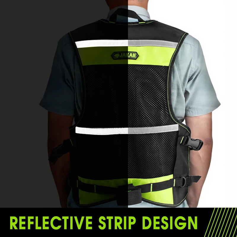 Black and hi-vis yellow work vest with breathable mesh, adjustable side buckles, and horizontal reflective strips.